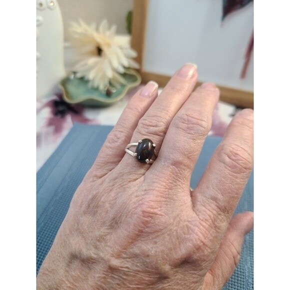 Sterling Silver Black Opal Ring Size 5.25 Prong Set Oval Gemstone Jewelry - Picture 10 of 12